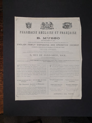 [PHARMACY]. Advertising Brochure Of The Pharmacie Anglaise Et Française De B. Musso, 6, Rue du Pont-Neuf, Nice.