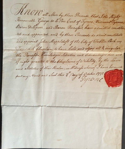 [Manuscript Deed of Appointment As Domestick (sic) Chaplain To The Right Honourable George De Le Poer, Earl Of Tyrone]..